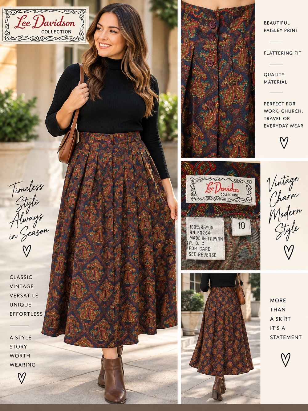 Vintage Lee Davidson Paisley Midi Maxi Skirt Women’s 10 Pleated Button Back